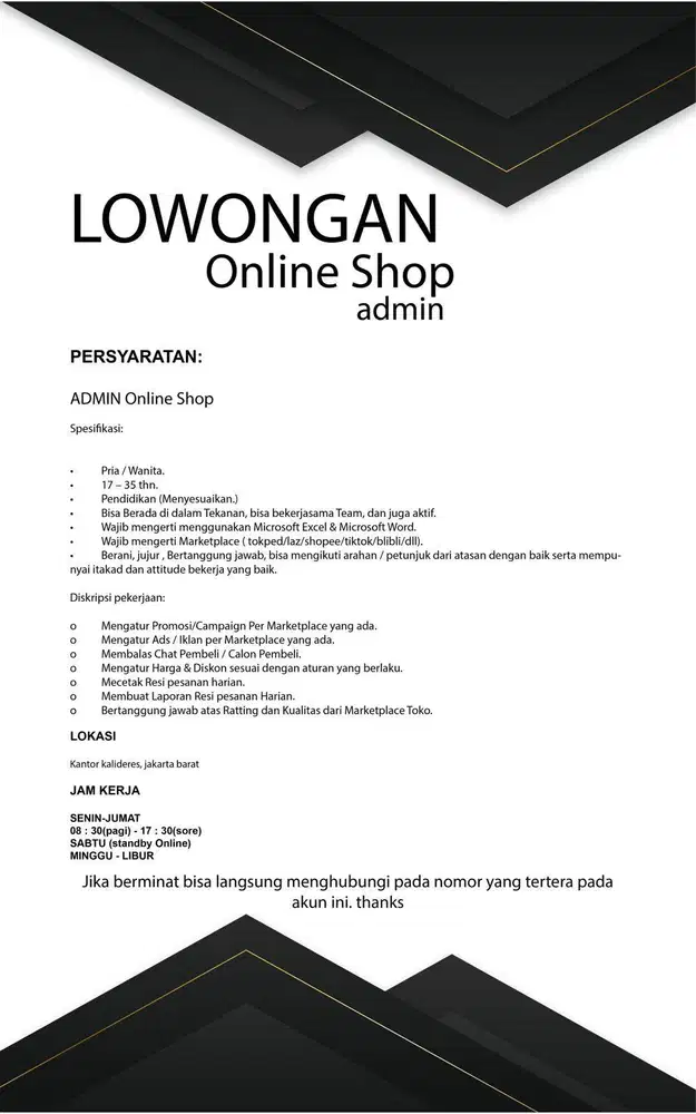 LOWONGAN ADMIN DAN KONTEN KREATOR ONLINE SHOP