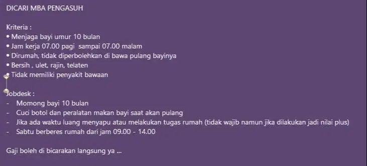 Lowongan Pekerjaan Untuk ART dan Pengasuh Anak