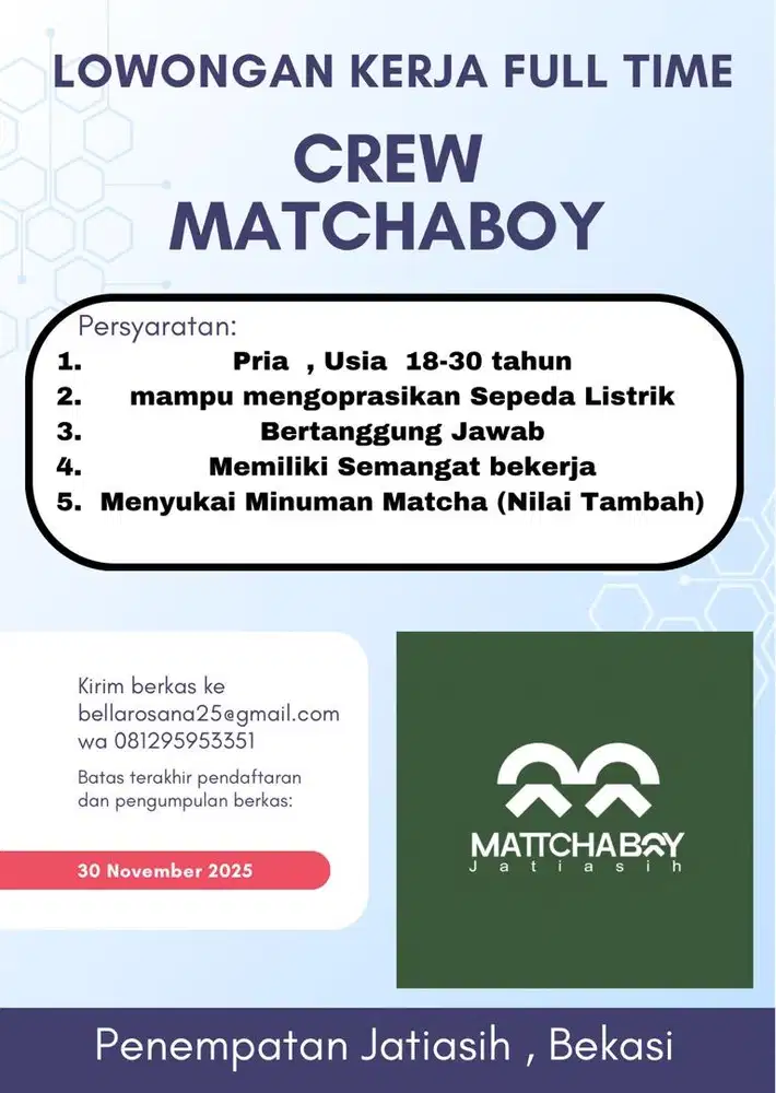 Lowongan kerja crew matchaboy