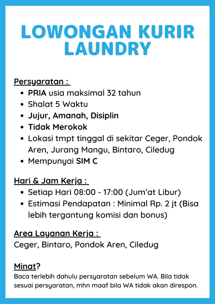 Lowongan Kurir Laundry Bintaro Pondok Aren