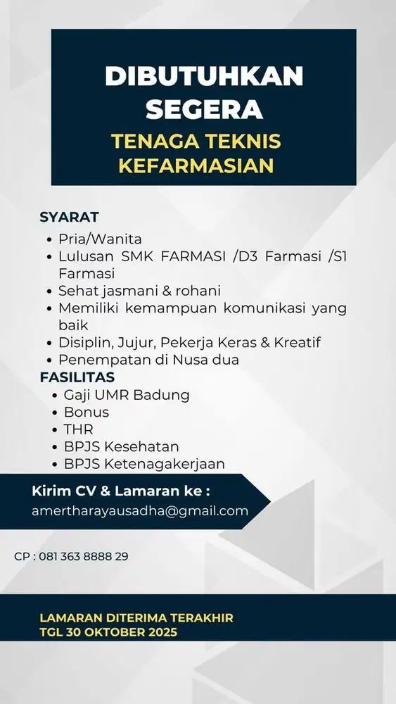Lowongan Asisten Apoteker / Tenaga Teknis Kefarmasian