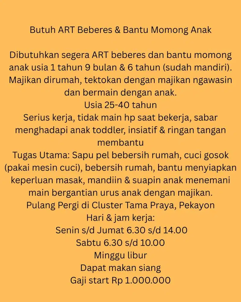 Butuh ART Beberes & Bantu Momong Anak