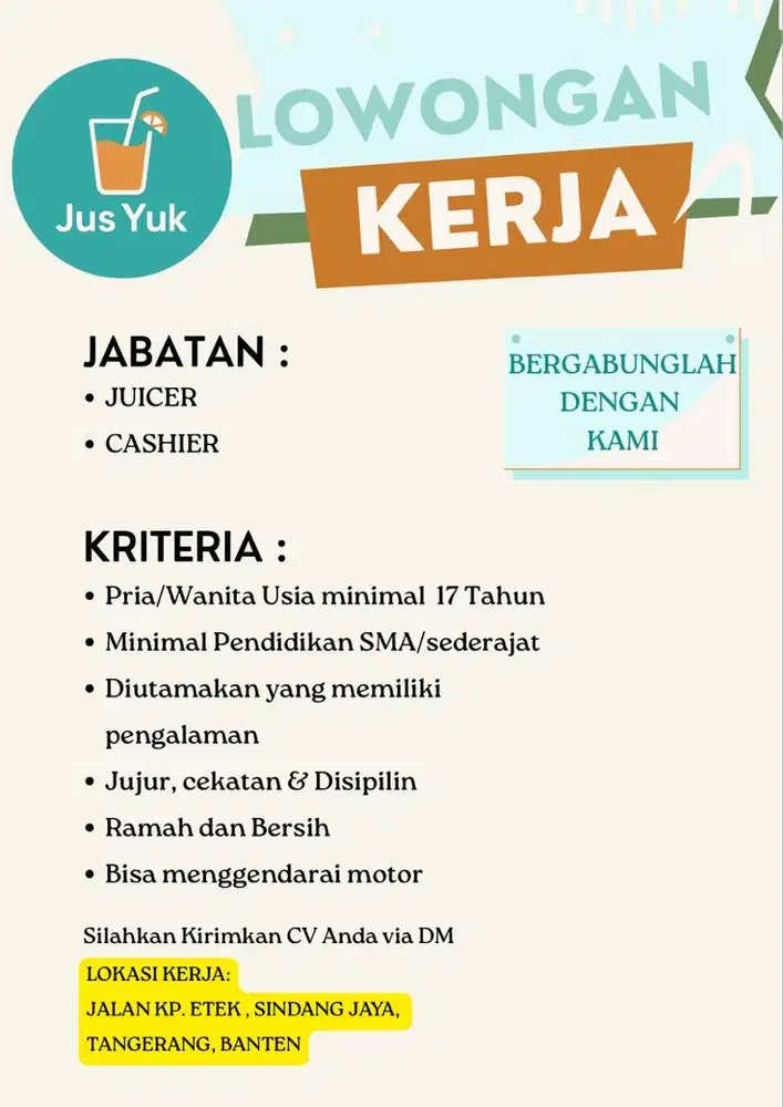 Lowongan Cashier & Juicer Kedai Jus Yuk Sindang Jaya
