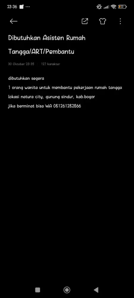 Dibutuhkan 1 Prang ART/Asisten Rumah Tangga/Pembantu