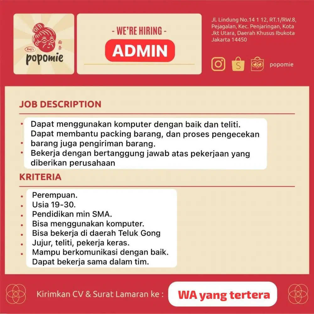 Dicari segera Admin Online dan Packing