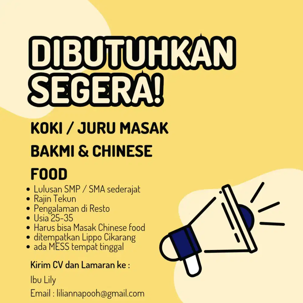 Lowongan kerja Koki Juru masak Bakmi