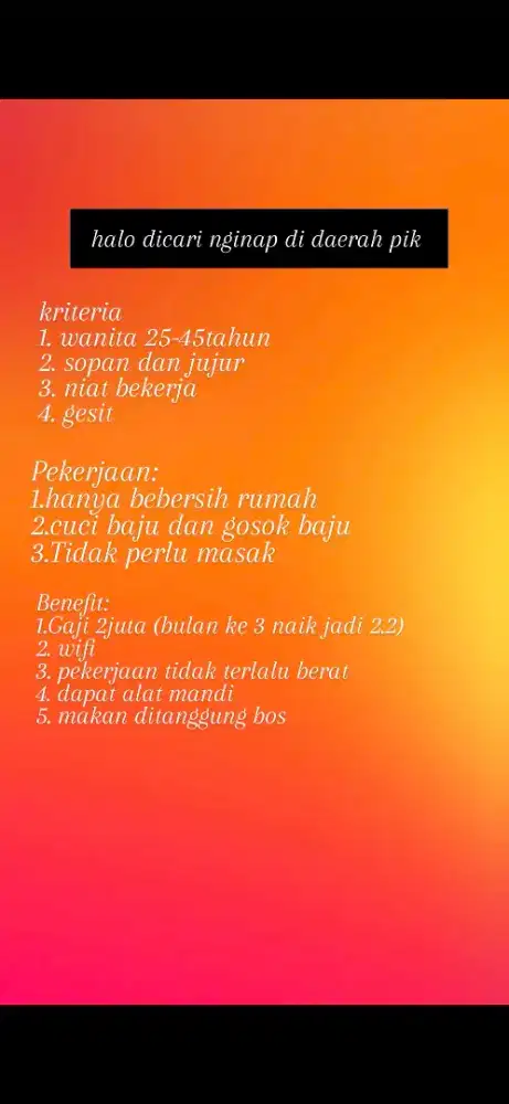 dibutuhkan Asisten Rumah Tangga Nginap