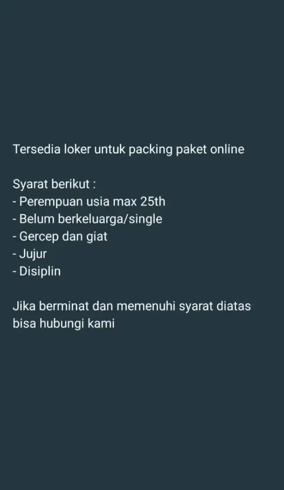 Di buka Loker packing online khusus cewe saja