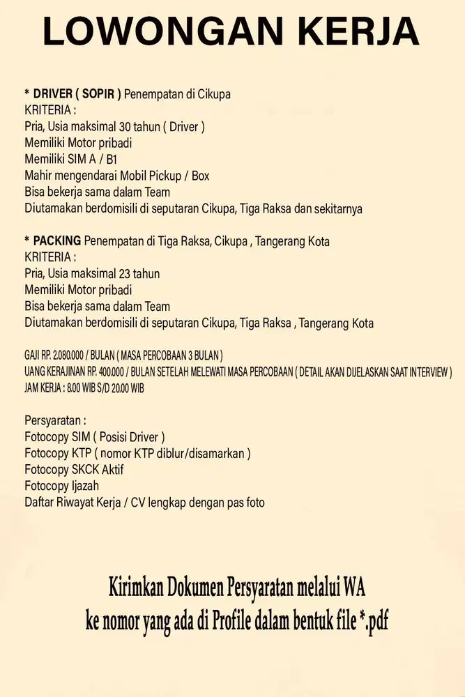 LOKER UNTUK PACKING DAN DRIVER