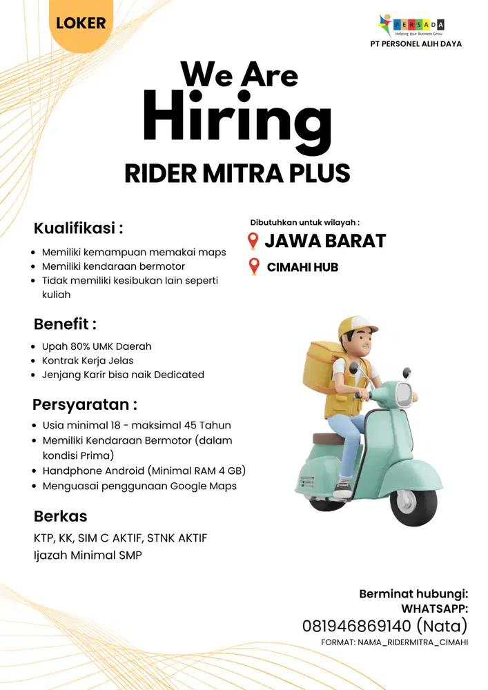 KURIR PAKET untuk penempatan di CIMAHI HUB (JAWA BARAT).