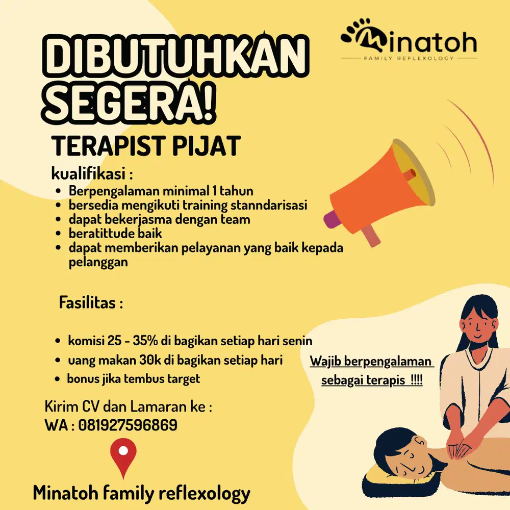 Butuh segera, Terapist wanita untuk di family reflexology. no++