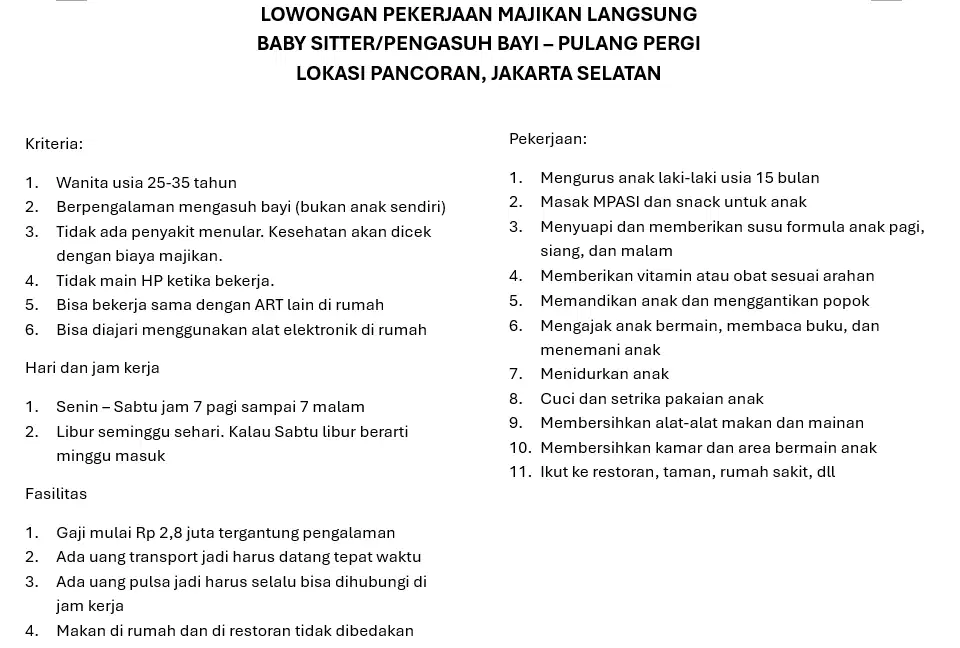 Majikan Langsung: Dibutuhkan Baby Sitter Berpengalaman (Pulang Pergi)