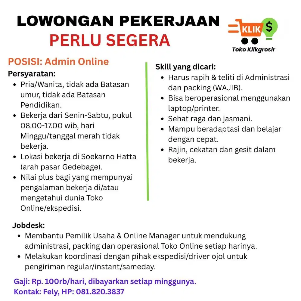 LOWONGAN KERJA ADMIN ONLINE (URGENT)