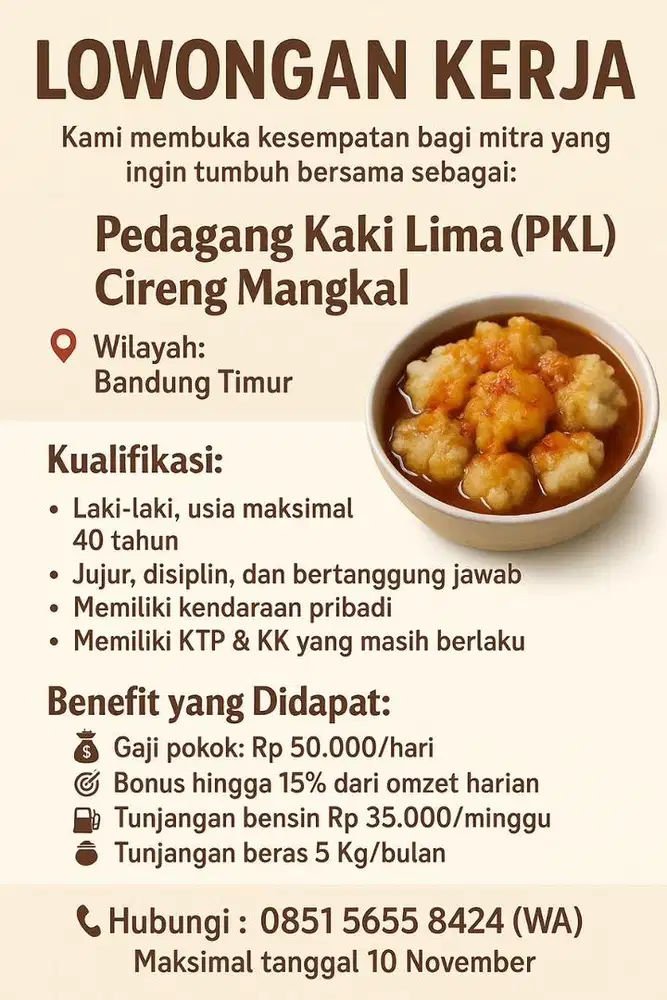 Lowongan Kerja Pedagang Gerobak Mangkal Jual Cireng Bandung Timur