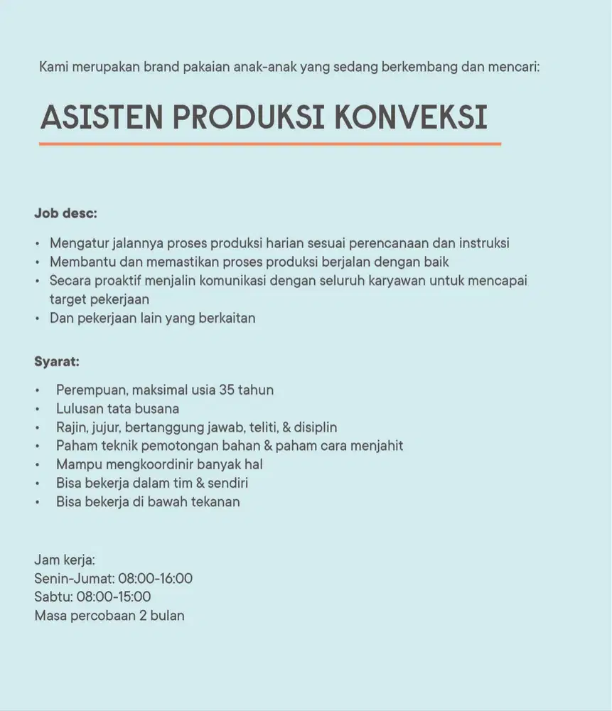 DICARI ASISTEN PRODUKSI KONVEKSI