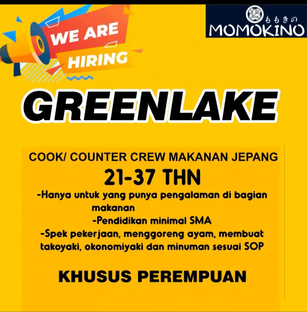 Dicari crew masak makanan jepang momokino Greenlake