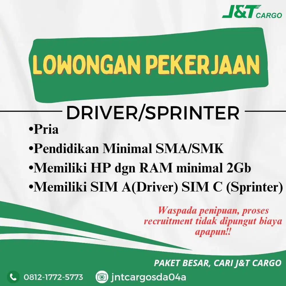 Lowongan Admin dan Driver JNT Cargo