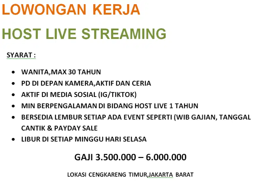 LOWONGAN KERJA HOST STREAMING