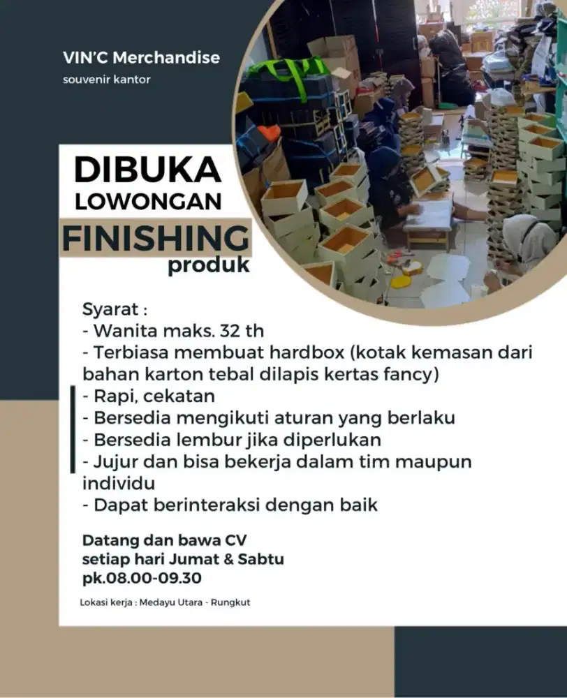 Dibutuhkan Karyawati kontrak Bagian Finishing Produk