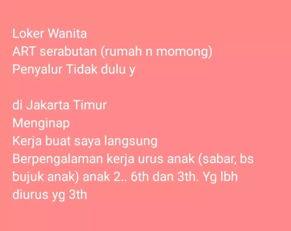 Loker ART Inap JAKARTA Momong Beres Rumah Serabutan