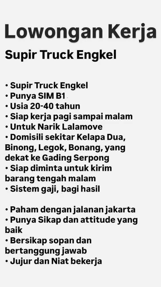 DICARI SUPIR TRUCK ENGKEL SIM B1