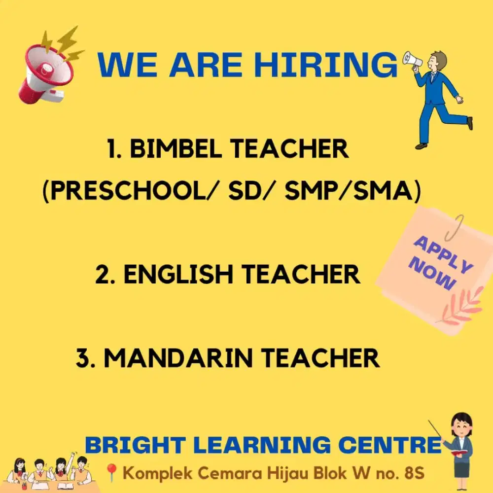 Lowongan Guru Les (Inggris, Mandarin, Bimbel [TK-SMA])