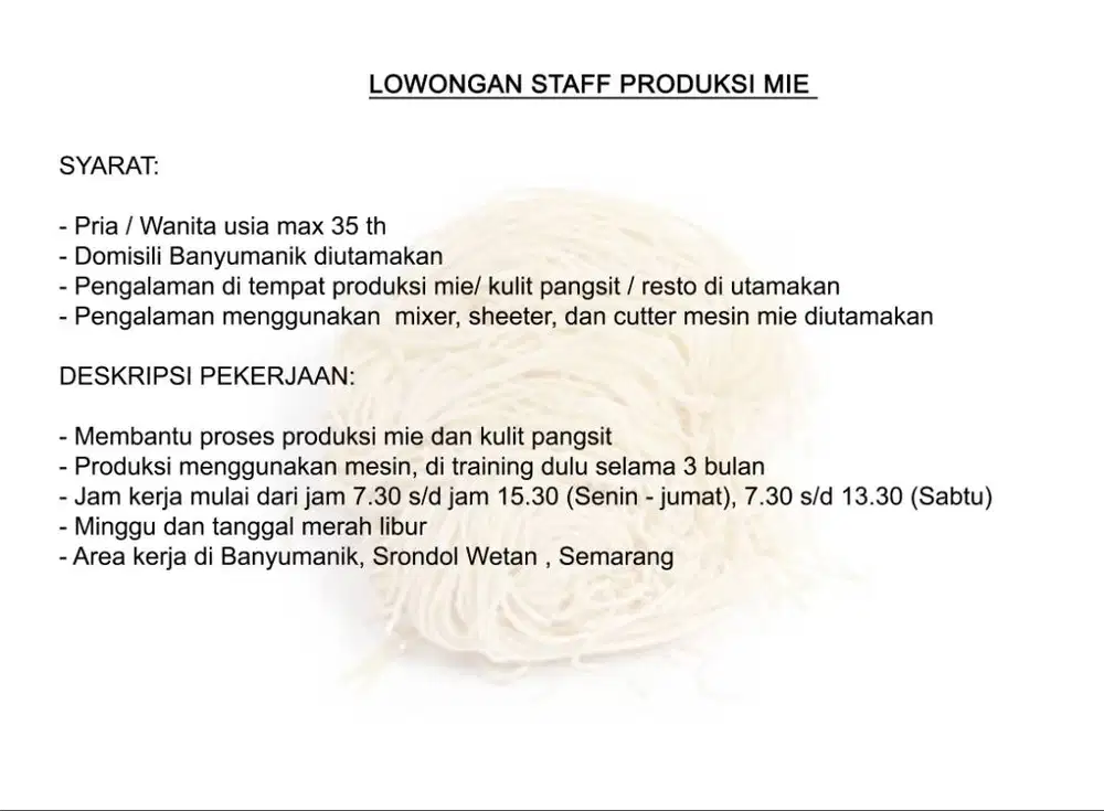 Lowongan Staff Produksi Mie