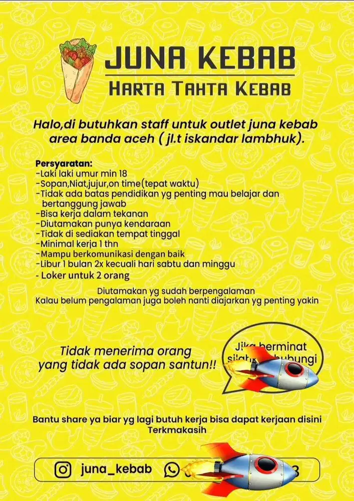 Di cari segera yg mau bekerja di kebab dan roti bakar