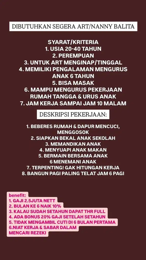 DIBUTUHKAN ART TINGGAL DICARI BABY SITTER ART