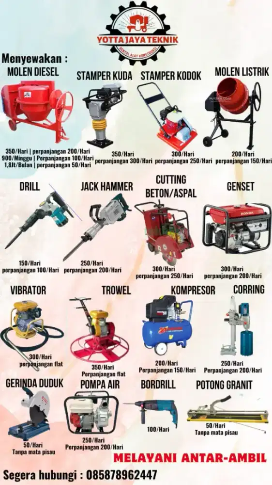 Sewa Molen Mini Bor Drill Alkon Coring Vibrator Trowel
 Stamper