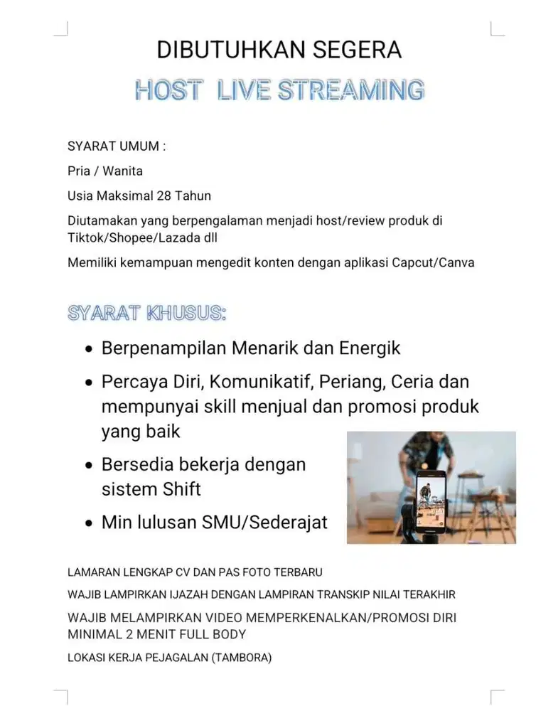 Dibutuhkan Host Live Streaming