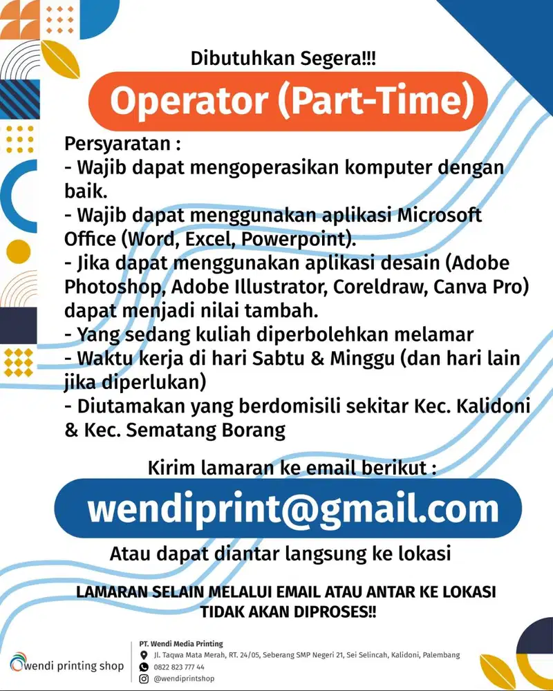 Dibutuhkan segera operator untuk bekerja di Percetakan & Fotocopy