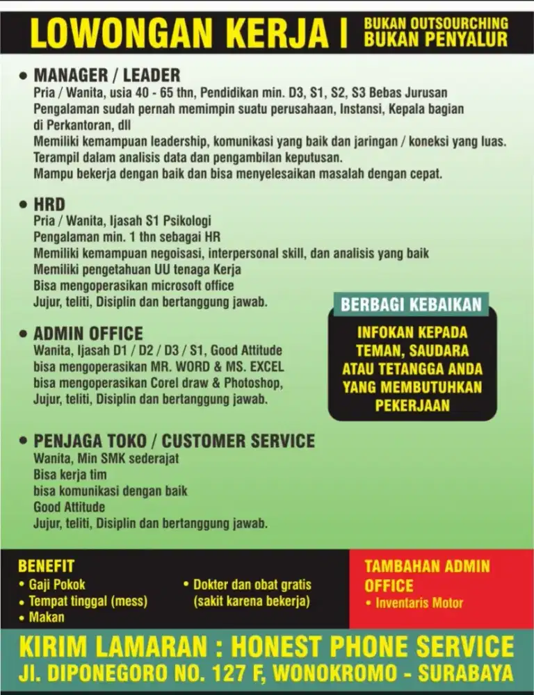 LOWONGAN KERJA LANGSUNG PEMILIK USAHA BUKAN OUTSOURCHING ATAU PENYALUR