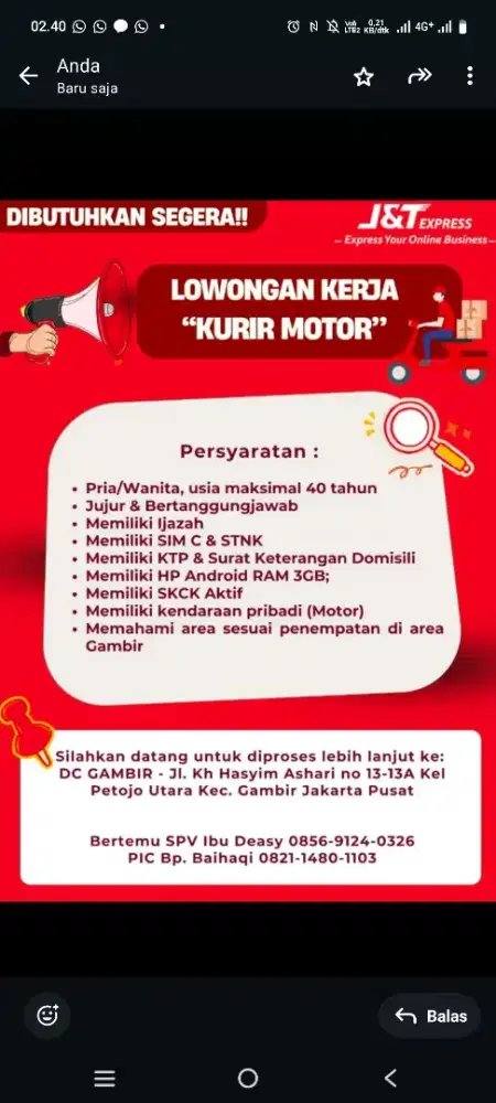 INFO LOKER KURIR J&T EXPRESS untuk KEC. GAMBIR