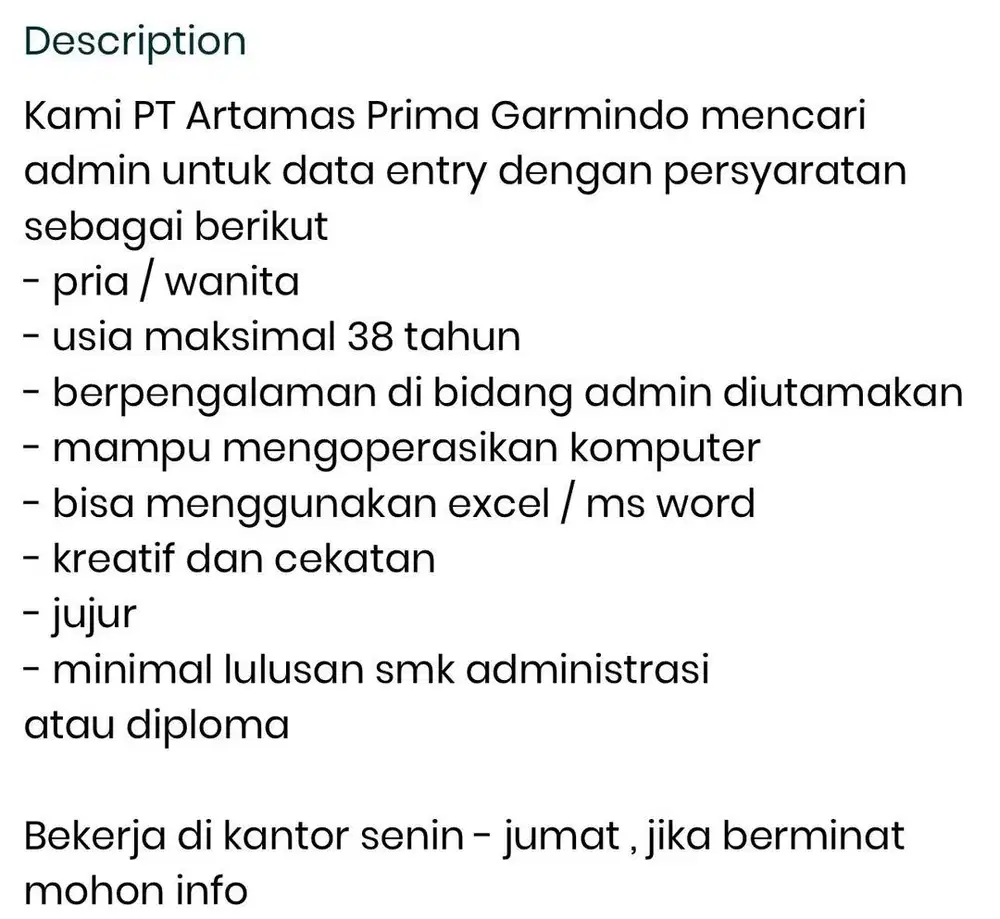 Dibuka lowongan pekerjaan administrasi