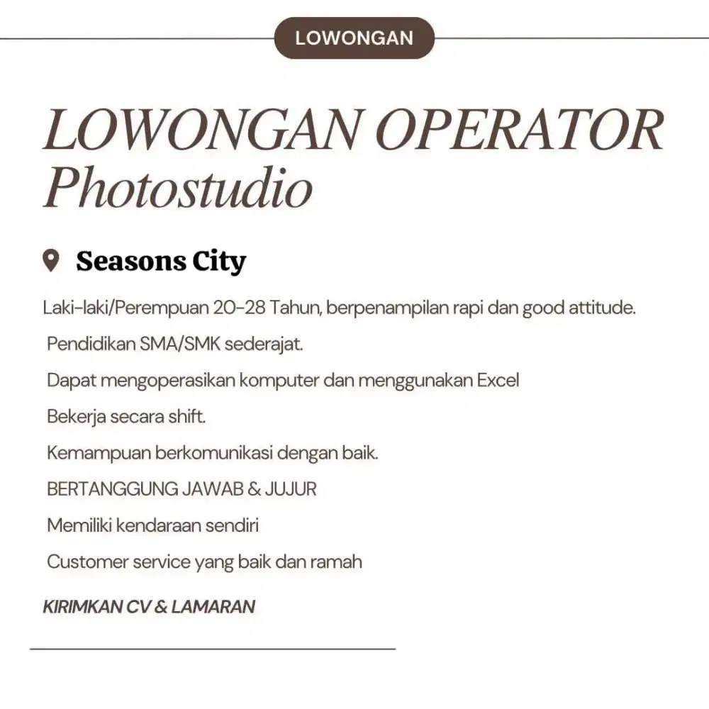Lowongan Kerja Staff Operator Photo Studio