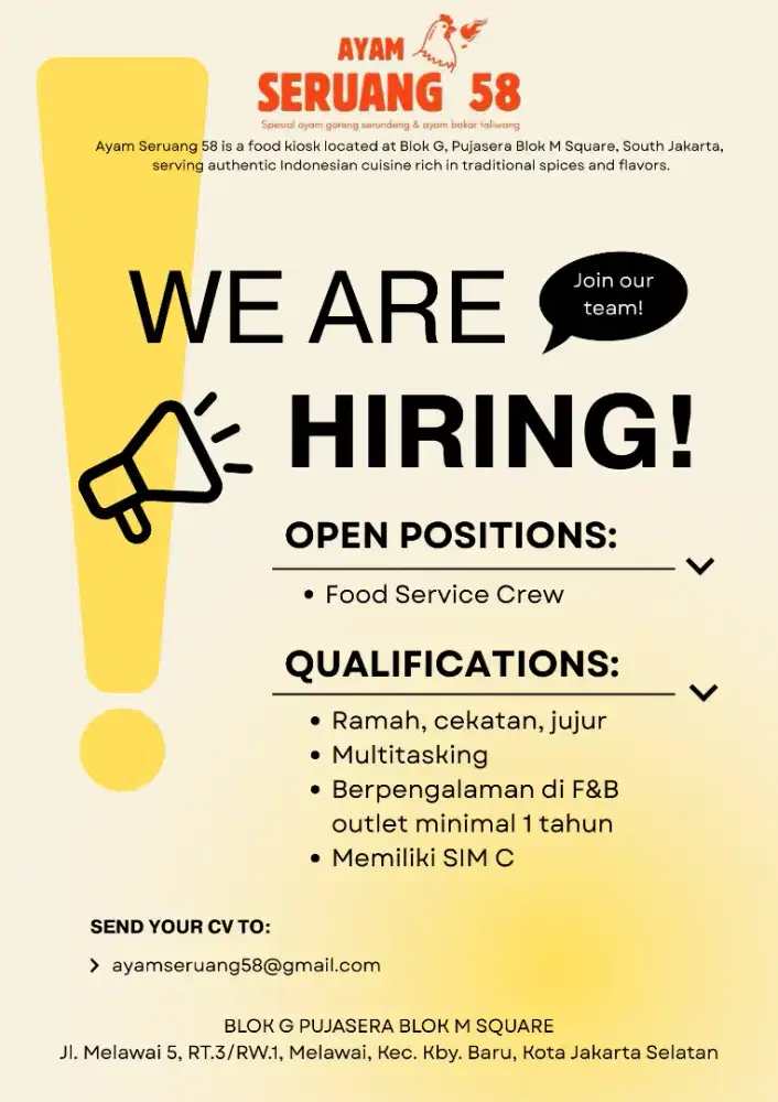 LOKER BLOK M - FOOD SERVICE CREW AYAM SERUANG 58