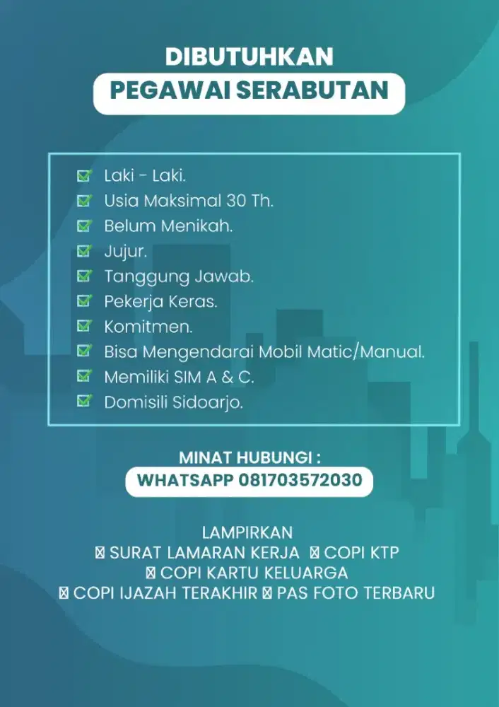 DIBUTUHKAN PEGAWAI LAKI LAKI SERABUTAN
