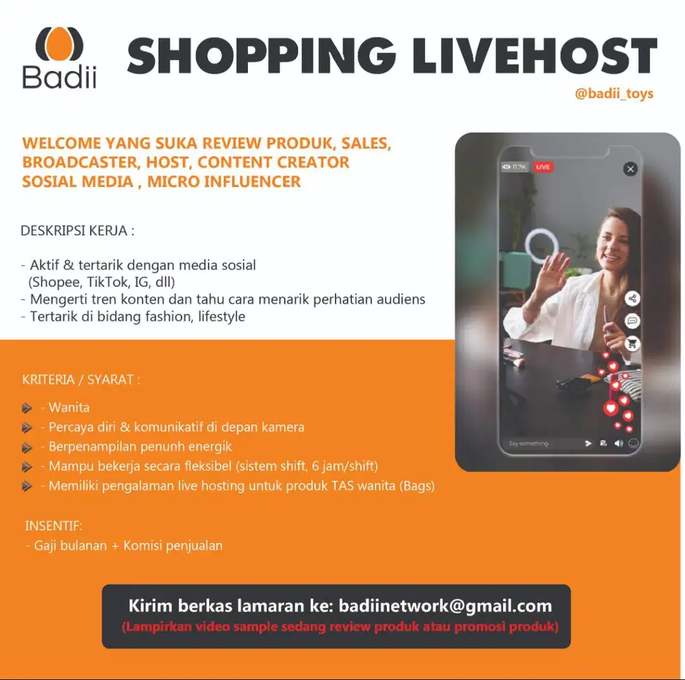 LOWONGAN HOST LIVE STREAMING untuk TAS Wanita