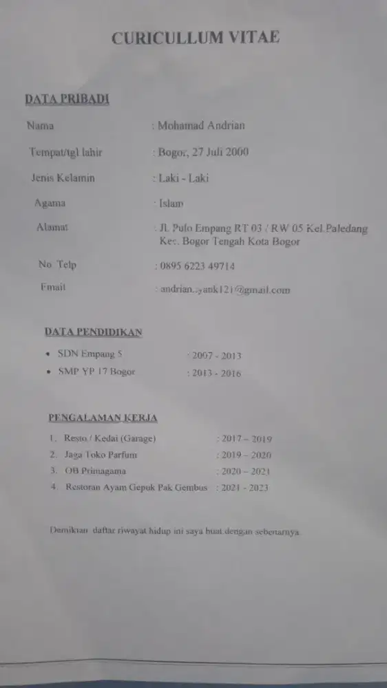 Cari kerjaan lulusan SMP pengalaman sesuai yang di cv