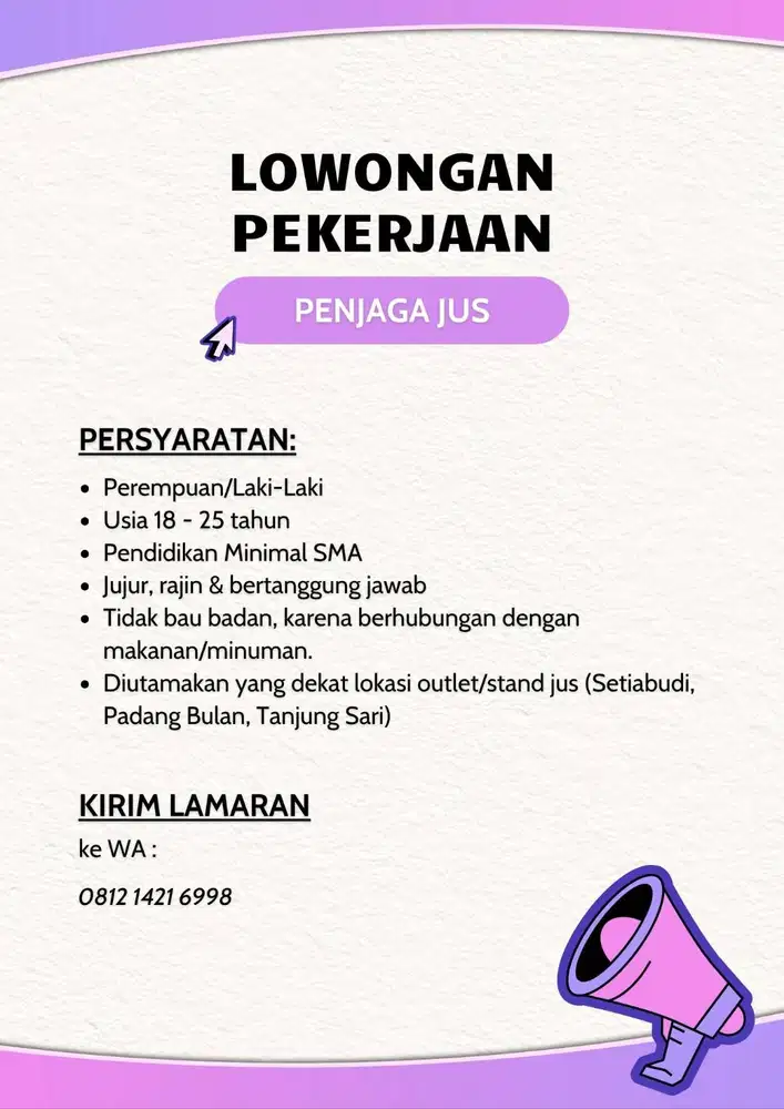 Dibutuhkan segera Penjaga Jus dan Smoothies