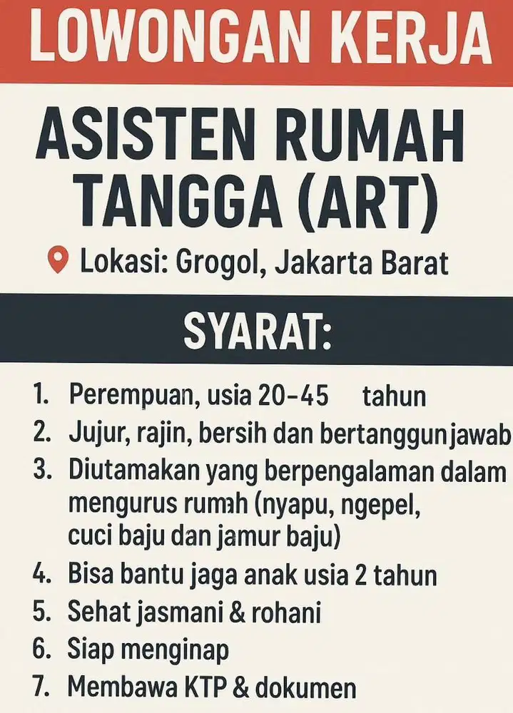 LOKER UNTUK ART NGINAP DI JAKARTA BARAT KHUSUS WANITA