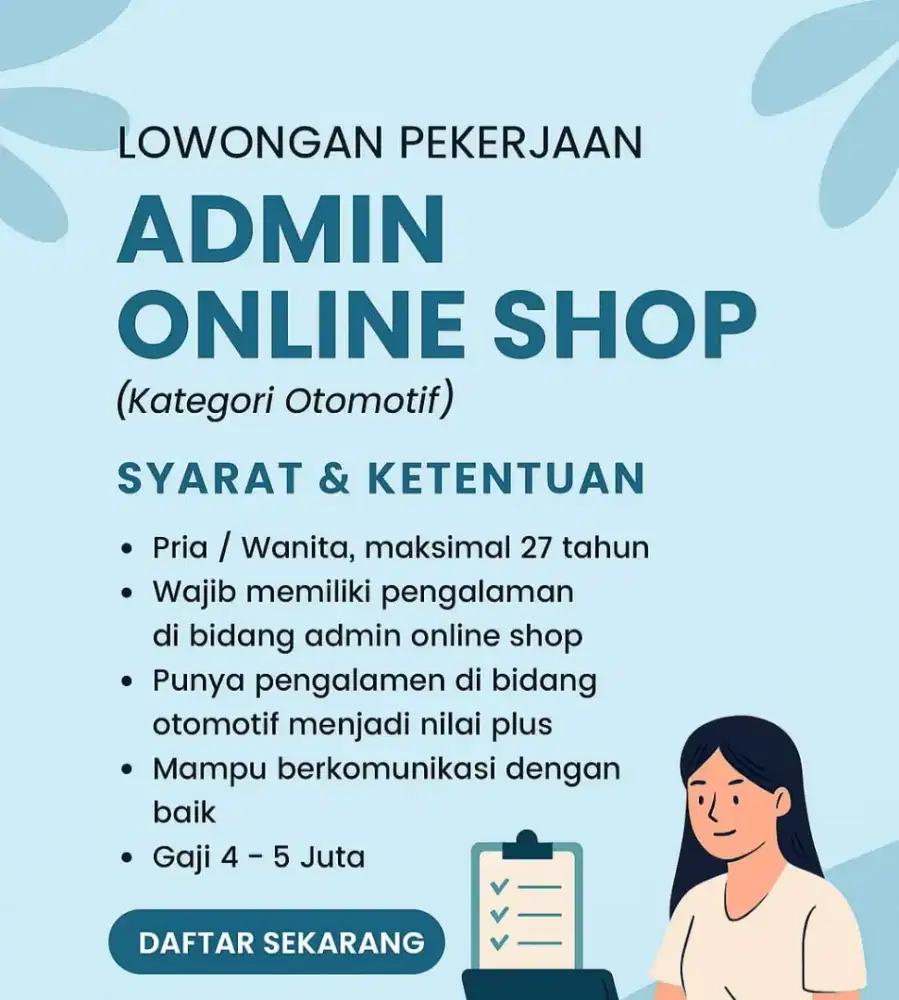 DI CARI ADMIN MARKETPLACE ONLINE SHOP LOWONGAN KERJA