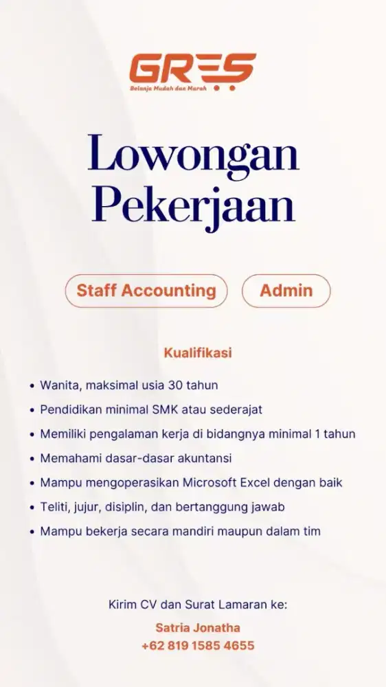 DICARI STAFF ACCOUNTING/ ADMIN TOKO