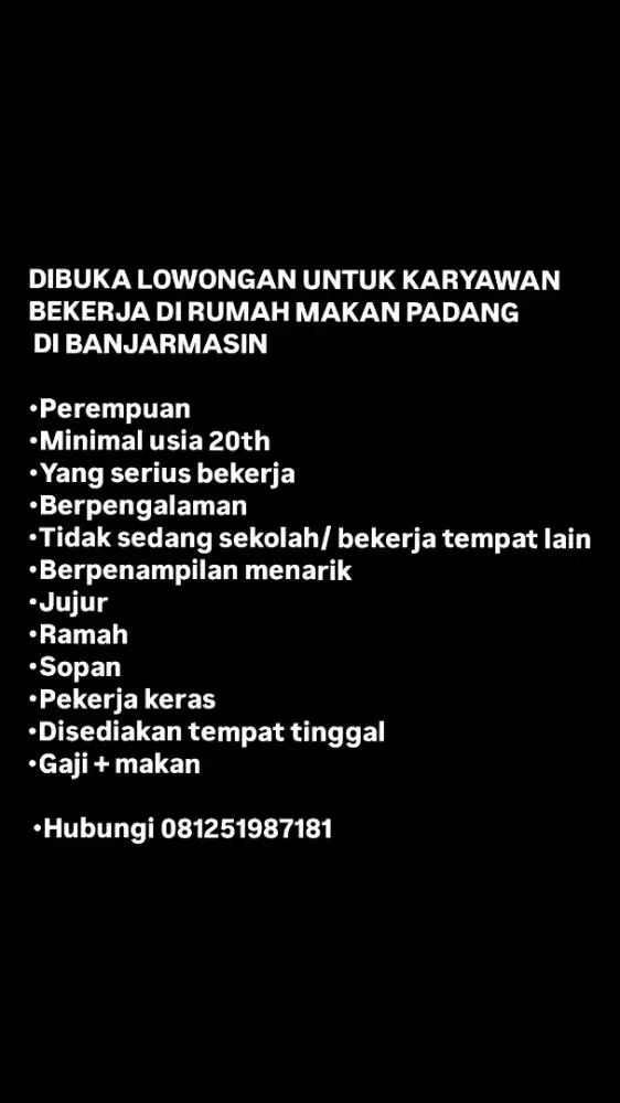 Di buka lowongan karyawan bekerja di rumah makan Padang