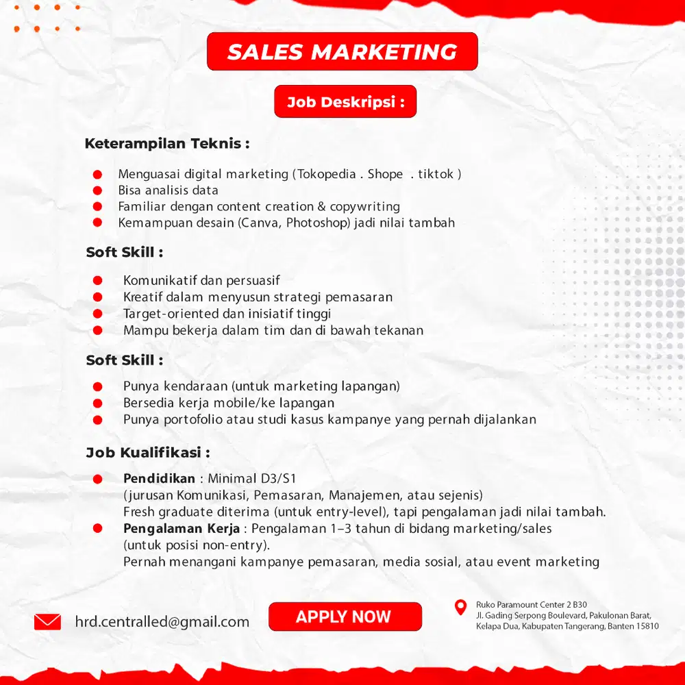 Loker Sales Marketing Perempuan di Central Led