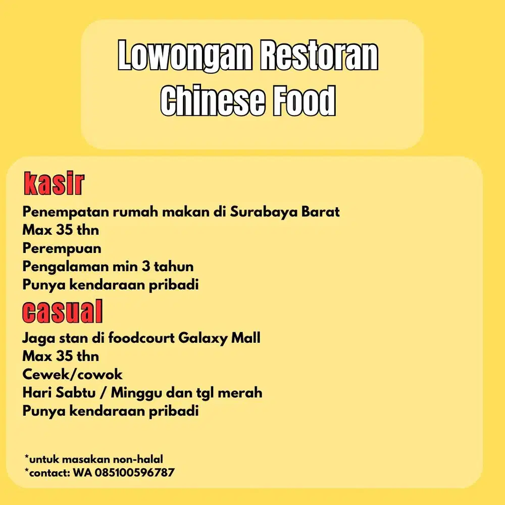 HIRING UNTUK RESTORAN CHINESE FOOD