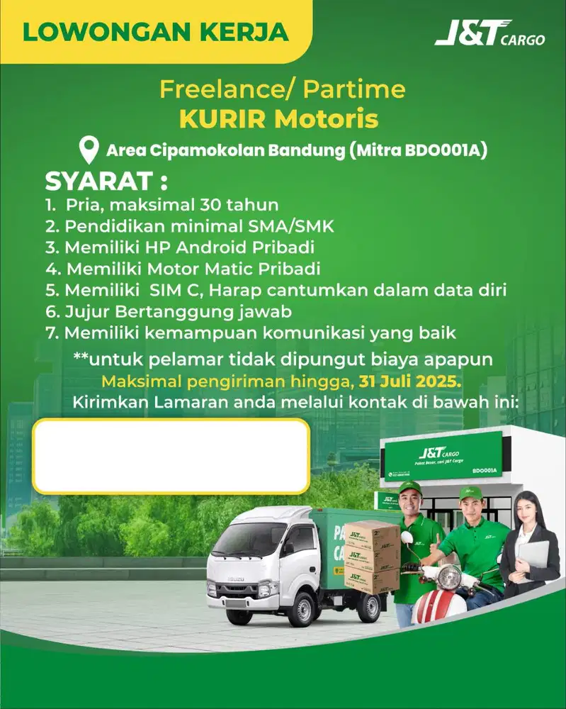 PART-TIME KURIR MOTOR J&T CARGO BDO001A BANDUNG