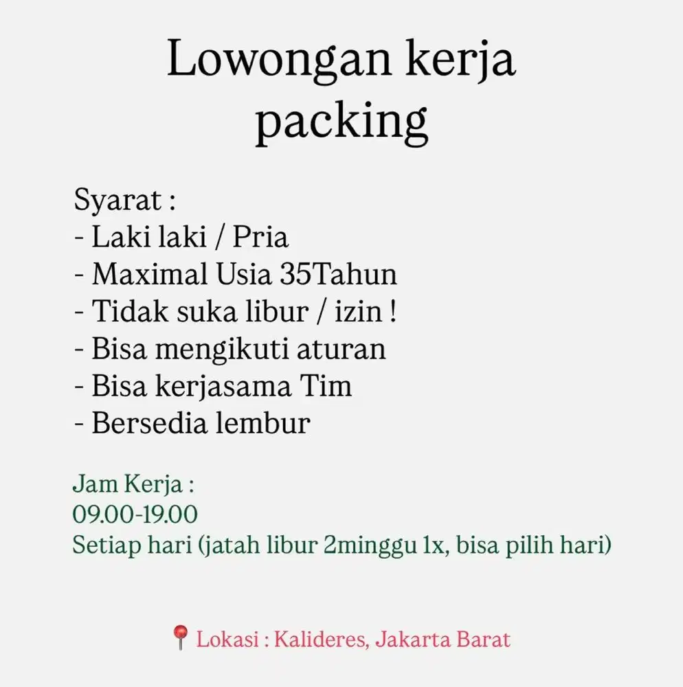 Lowongan kerja packing online shop laki laki jakarta barat