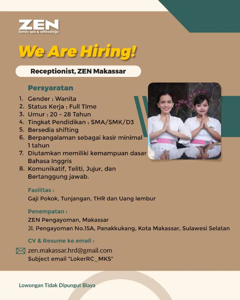 Lowongan Resepsionis ZEN Pengayoman Makassar